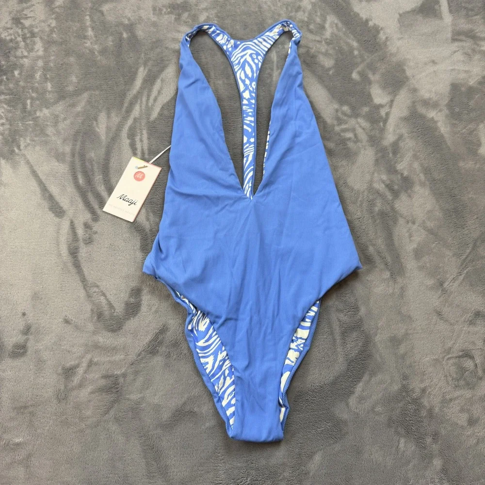 Maaji Swimsuit Womens Large Blue Reversible One Piece Plunge Ribbed Tropical - Picture 1 of 16